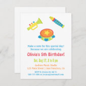 Kindergeburtstag-Party mit farbigen Musikinstrumen Einladung (Vorne/Hinten)