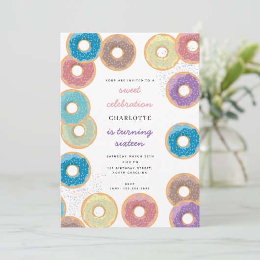 Kindergeburtstag "Pastel Donuts & Sprinkles" Einladung (Stehend Vorderseite)