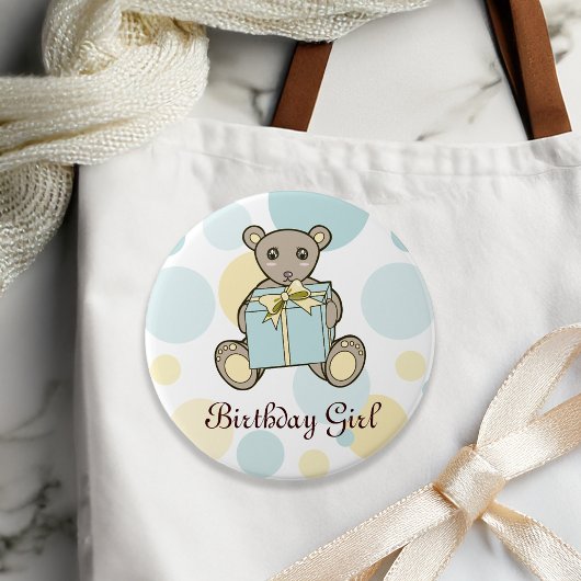 Kindergeburtstag Pastellblau und Gelber Teddybär Button