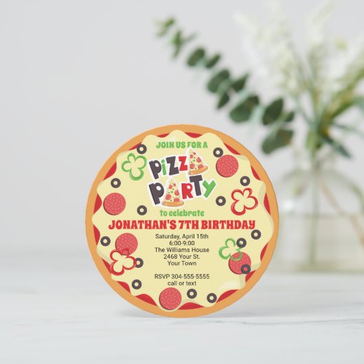 Kindergeburtstag Pizza Party Einladung (Stehend Vorderseite)