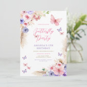 Kindergeburtstag Rosa Lila Schmetterlinge Einladung (Stehend Vorderseite)