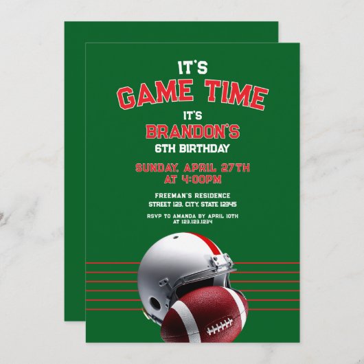 Kindergeburtstag von Green & Red Football Einladung (Vorne/Hinten)