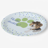Kindergeburtstag Welpenhund hat grünes Pawprint Pa Pappteller (Schrägansicht)