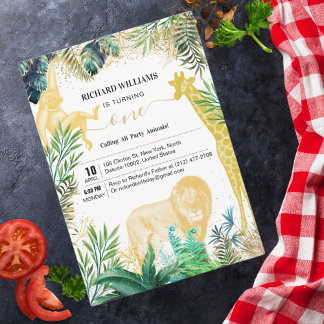 Kindergeburtstag Wilde Tiere Jungle Grüne & Gold Einladung