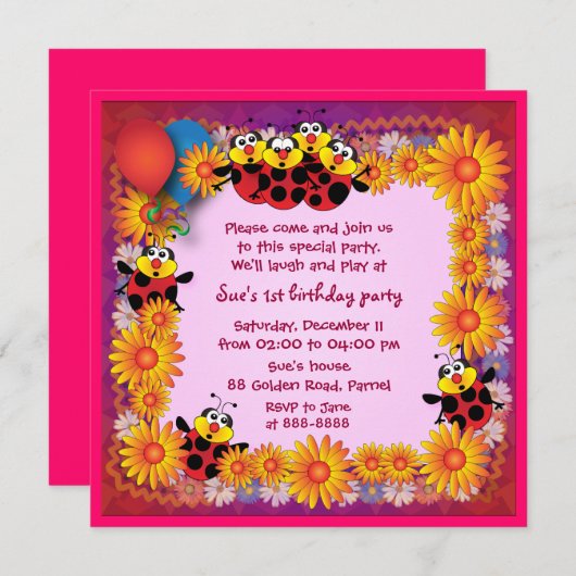 Kindergeburtstageinladung 039B: 7 Marienkäfer Einladung (Vorne/Hinten)