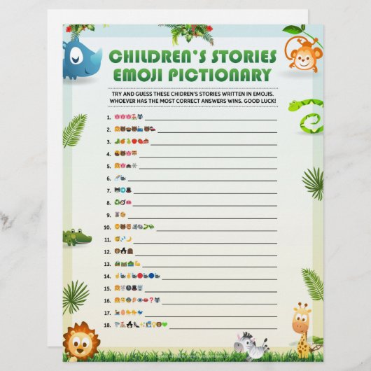 Kindergeschichte Emoji Pictionary [Tierthema] Briefbogen (Vorne/Hinten)