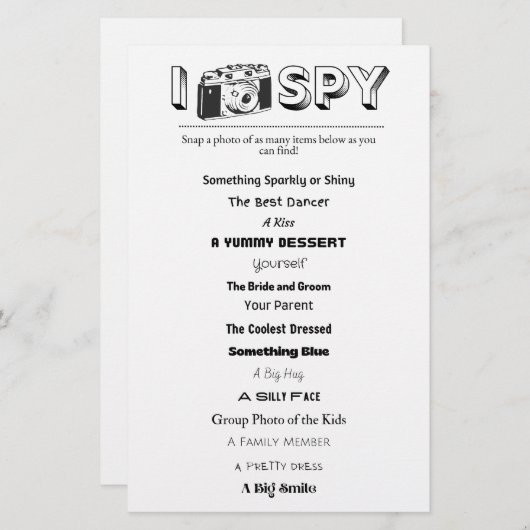 Kinderhochzeit/Event-I-Spy-Aktivitätszettel (Vorne/Hinten)