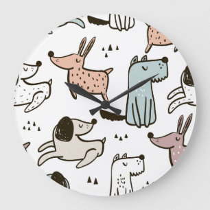 Kinderhunde, handgezeichnet, trendy Muster. Große Wanduhr