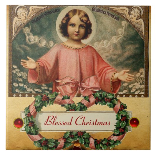 KINDERJESUS MIT ANGELN UND CHRISTMAS KROWNS FLIESE (Vorderseite)