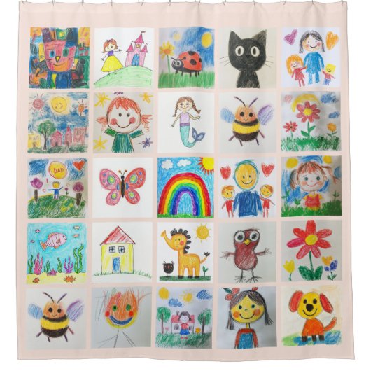 Kinderkunst-Keepake 25 Zeichenkollage Duschvorhang (Vorderseite)