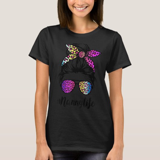 Kinderleben mit Regenbogen Leopard Messy Bun Mothe T-Shirt (Vorderseite)