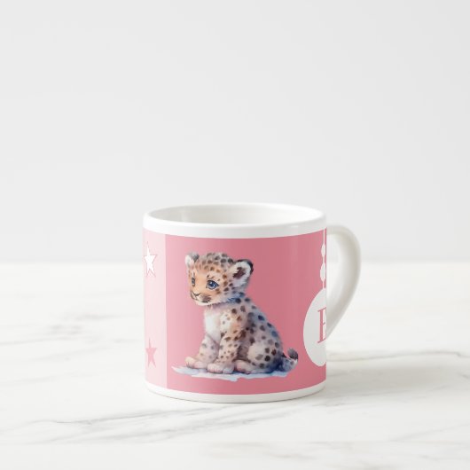 Kinderleopard-Tasse personalisierter Name Rosa Espressotasse (Vorderseite Rechts)