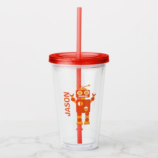 Kinderlustiger orange Roboter-personalisierte Acryltrinkbecher (Vorderseite)