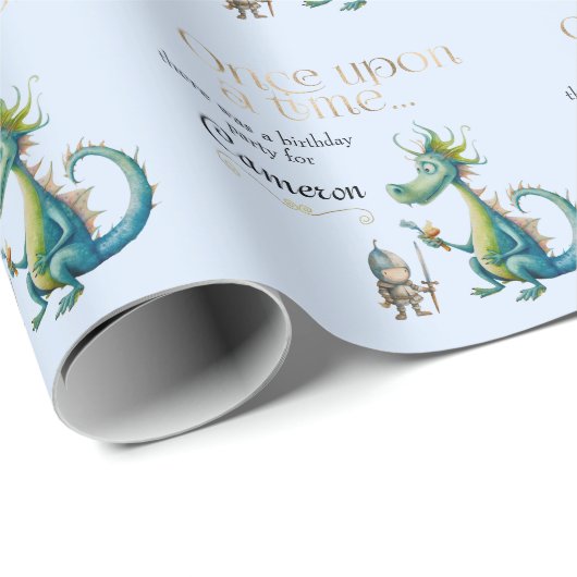 Kindermädchen Drache und Ritter Blau Geschenkpapier (Rolleneckpunkt)