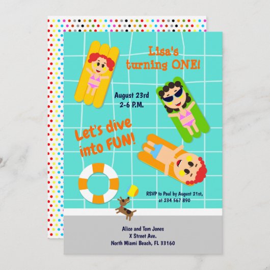 Kindermädchen Party Einladung zum ersten Geburtsta (Vorne/Hinten)