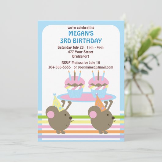 Kindermäuse Geburtstag Einladung (Stehend Vorderseite)