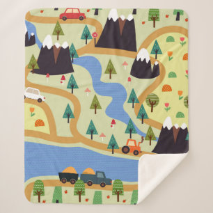 Kindernahtloses Muster mit Bergen, Fluss, f Sherpadecke