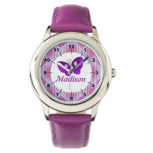 KinderName-Rosa-lila karierter Schmetterling Armbanduhr