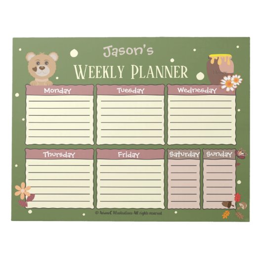 Kindername Wochenplaner mit Bär Notizblock (Vorderseite)