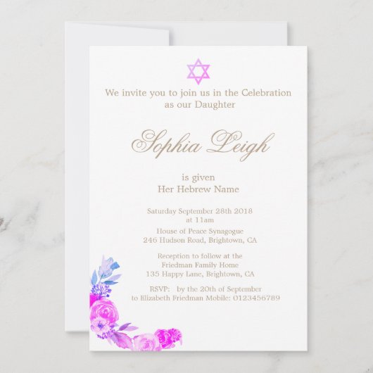Kindernamensfeier Lavender Hebrew Girl Einladung (Vorderseite)