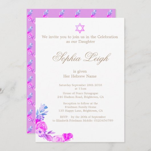 Kindernamensfeier Lavender Hebrew Girl Einladung (Vorne/Hinten)