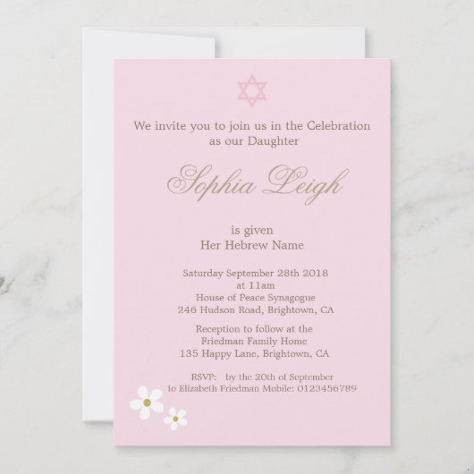 Kindernamenszeremonie Hebräisches Mädchen Pink Einladung (Vorderseite)
