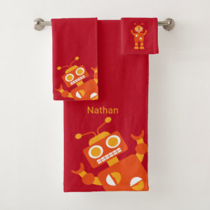 Kinderorange Rot-Roboter-personalisierter Spaß Badhandtuch Set