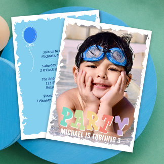 Kinderparty mit Niedlichem Foto Blue Birthday Einladung