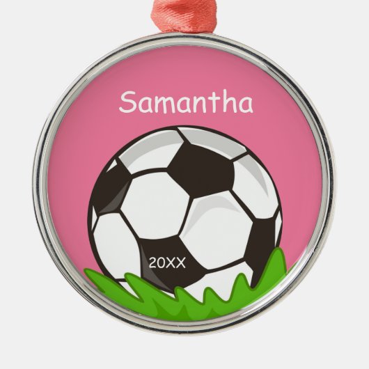 Kinderpersonalisiertes Fußball-Ball-Rosa Silbernes Ornament (Vorne)