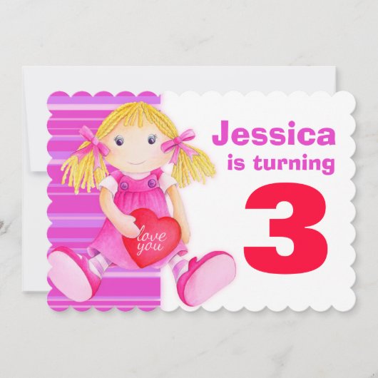 Kinderpuppe 3. Geburtstag pink Geburtstag laden Einladung (Vorderseite)