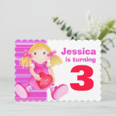 Kinderpuppe 3. Geburtstag pink Geburtstag laden Einladung (Stehend Vorderseite)