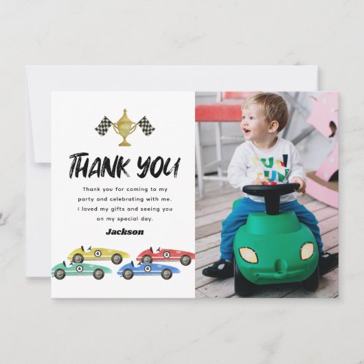 Kinderrennen Auto Geburtstag Foto Danke Karte (Vorderseite)