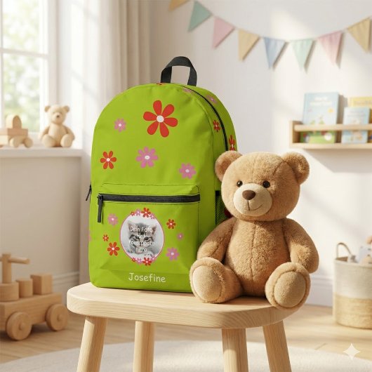 Kinderrucksack grün mit Foto - Blumen - rosa rot  Bedruckter Rucksack