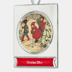 Kinderski, eine Vintage Winterlandschaft Banner-Ornament Silber