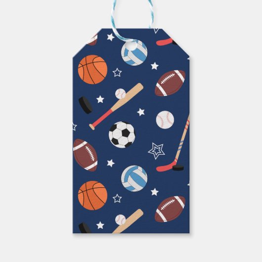 Kindersportgeräte-Muster auf blau Geschenkanhänger (Vorderseite)