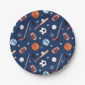 Kindersportgeräte-Muster auf Blue Birthday Pappteller (Vorderseite)