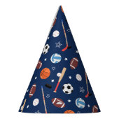 Kindersportgeräte-Muster auf Blue Birthday Partyhütchen (Links)