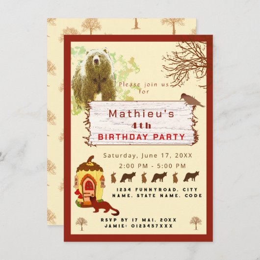 Kindertiere und Bäume Geburtstagsparty Einladung (Vorne/Hinten)