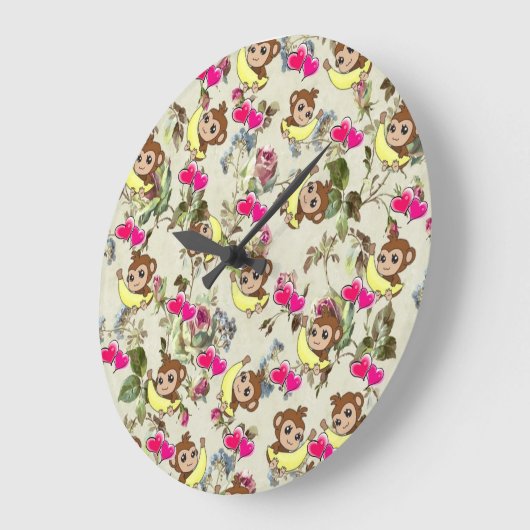 Kinderuhr, Affenbananen rosa Herzen Große Wanduhr (Winkel)