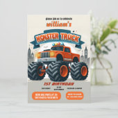 Kinderwagen cooler Monsterwagen 1. Geburtstag Einladung (Stehend Vorderseite)