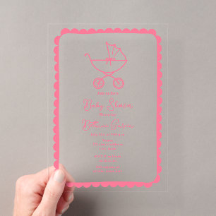 Kinderwagen handgezeichneter Rand Rosa Baby Shower Acryleinladungen