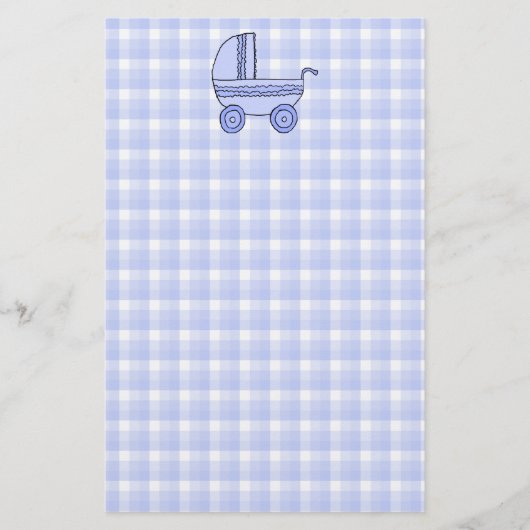Kinderwagen. Hellblau auf Karo-Muster Briefpapier (Vorderseite)