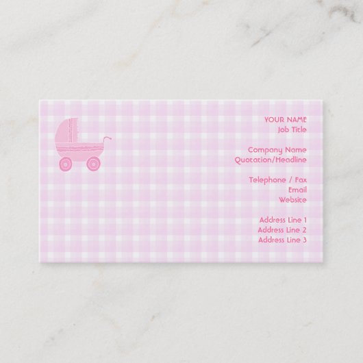 Kinderwagen. Hellrosa auf rosa Gingham Visitenkarte (Vorderseite)