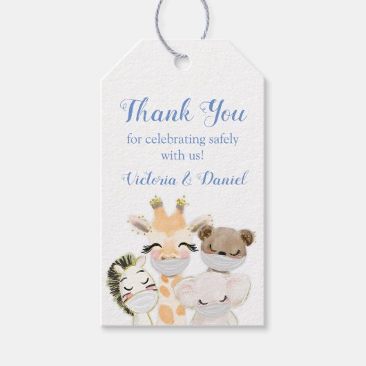 Kinderwagen mit Masken für Babydusche Geschenkanhänger (Vorderseite)