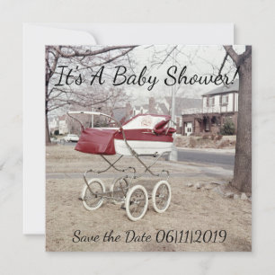Kinderwagen, Vintages Buggy-Bild außerhalb des Save The Date