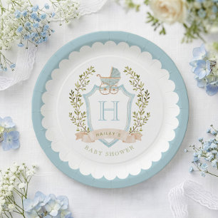 Kinderwagen-Wappen-Monogramm   Blaue Babyparty Pappteller
