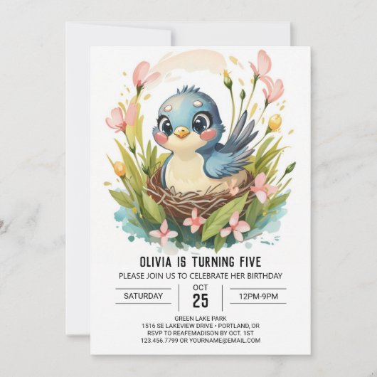 Kinderwald Bird Geburtstag Einladung (Vorderseite)