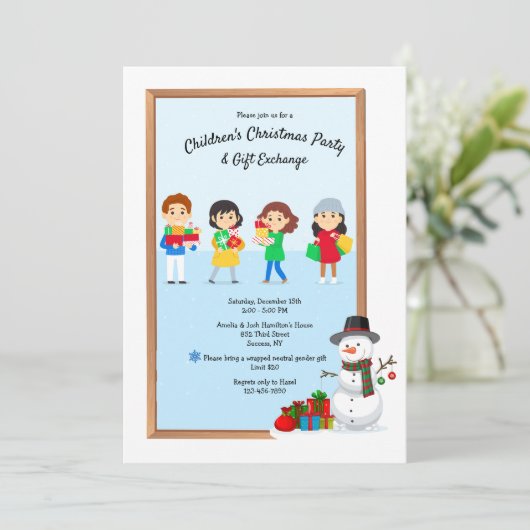 Kinderweihnachtsgeschenk-Austauschprogramm Party Einladung (Stehend Vorderseite)