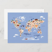 Kinderweltkarte mit Tieren Einladungspostkarte (Vorne/Hinten)