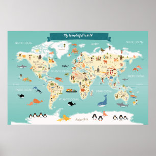 Kinderweltkarte mit Tieren und Sehenswürdigkeiten Poster